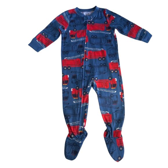 Just One You Footed Pajamas Size 18 Mths Fire Trucks All Over Print  Zip-Up Blue - Picture 1 of 5